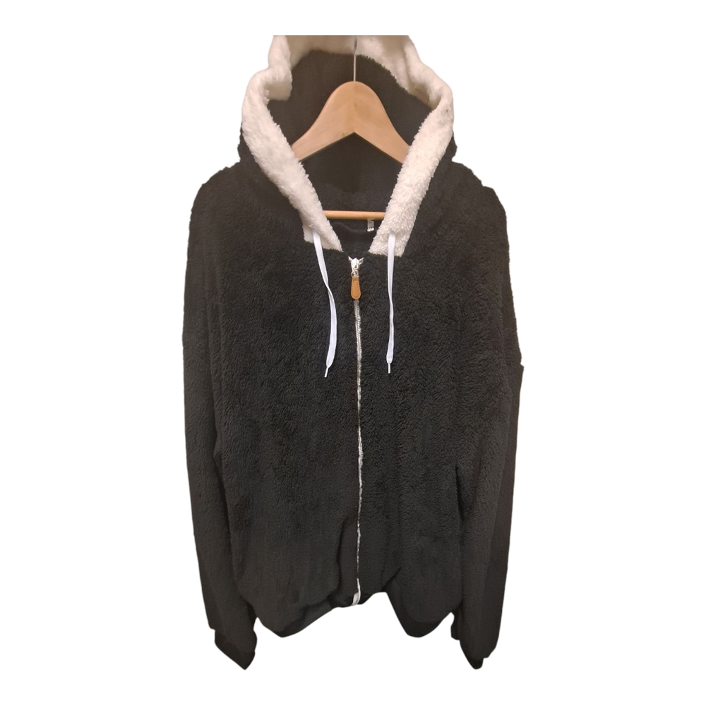 4XL Cozy Black Sherpa Hoodie with White Lining Zipper Pockets Hooded Drawstring